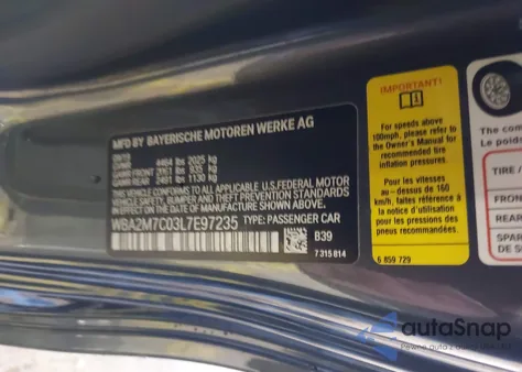 2020 BMW 230I из США, поврежденный, VIN WBA2M7C03L7E97235